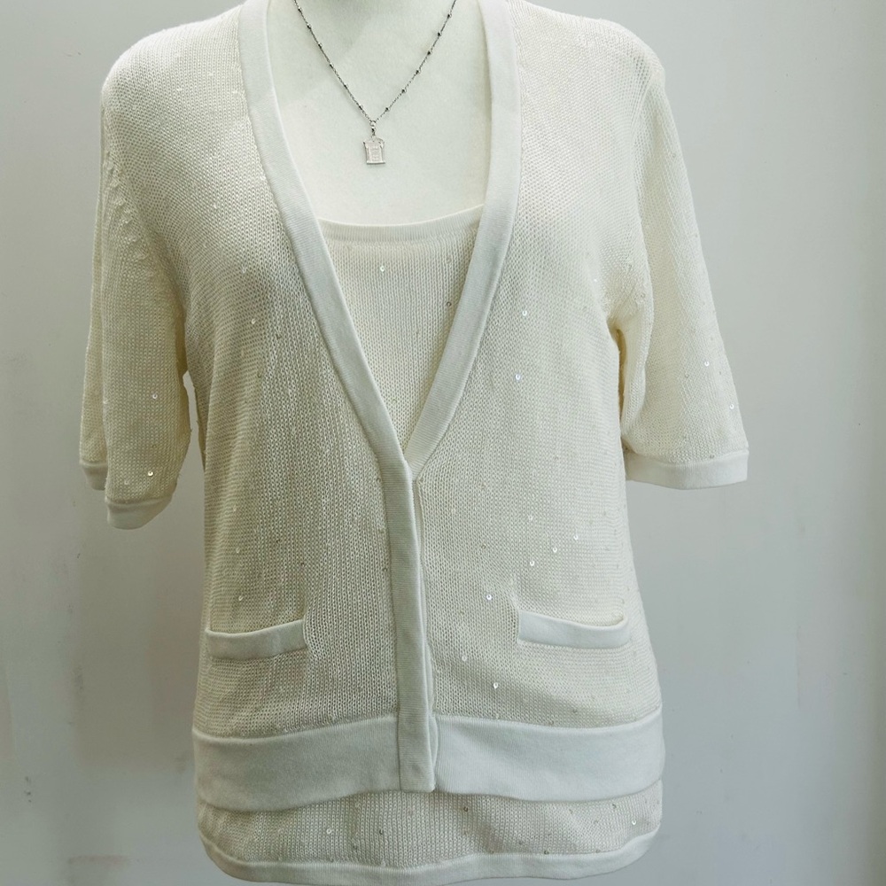 Per Se Pure White Linen Blend Sweater Set Iridescent Seqins Perfect EUC